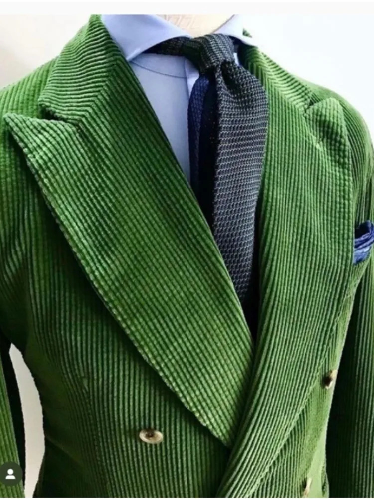 Green Corduroy Mens Suits 2 Pieces Double Breasted Retro Costume Homme Slim Fit Wedding Groom Tailored Made Jacket Pant 250807