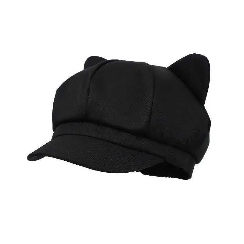 Beret Women Cute Cat Ear Sweet Octagonal Hats For Women Newsboy Cap Painter Hat Korean Style Solid Color Black XJ250807