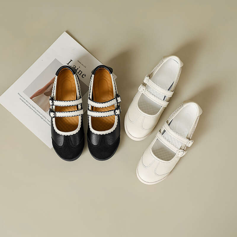 Cowhide Leather Version 2025 Spring New Round Toe Mary Jane Shallow Mouth Sports Ballet Style Casual Women's Single German Training Shoes