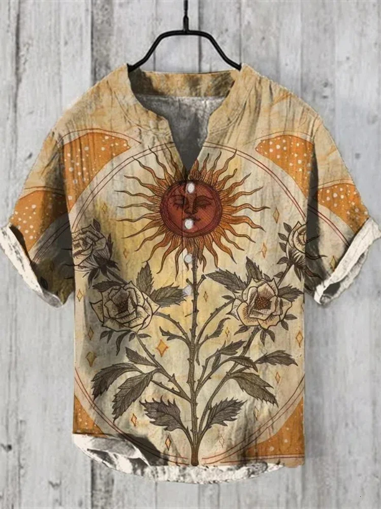 Hawaii Retro Art Pattern Printed mens 2025 Short Sleeved Linen Button Up Shirt European And American Top 250807