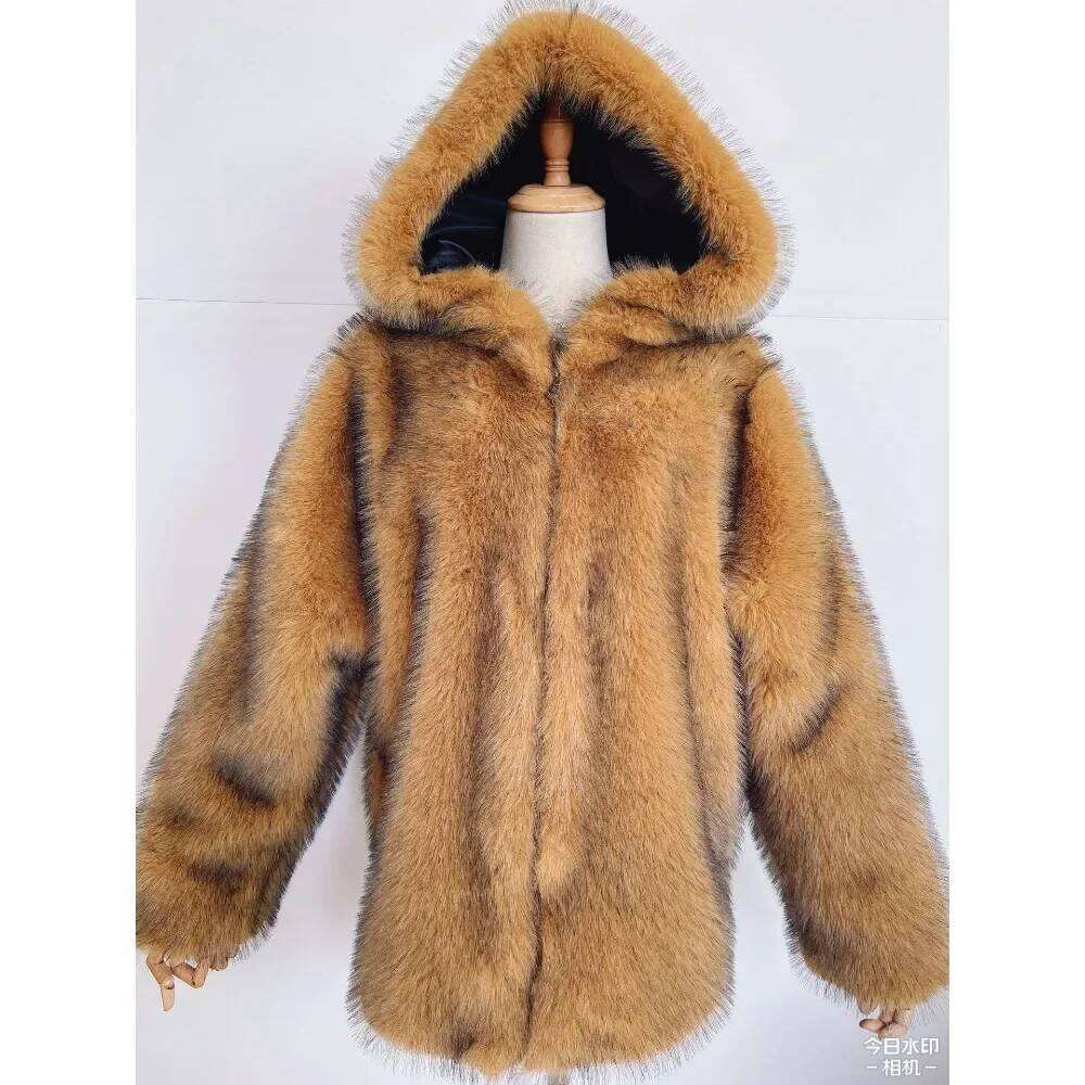 Coat Women Clothing Trend Fluffy Hooded Fur Zipper Long Sleeve Design Chic Faux Fox Jacket Warm Outerwear