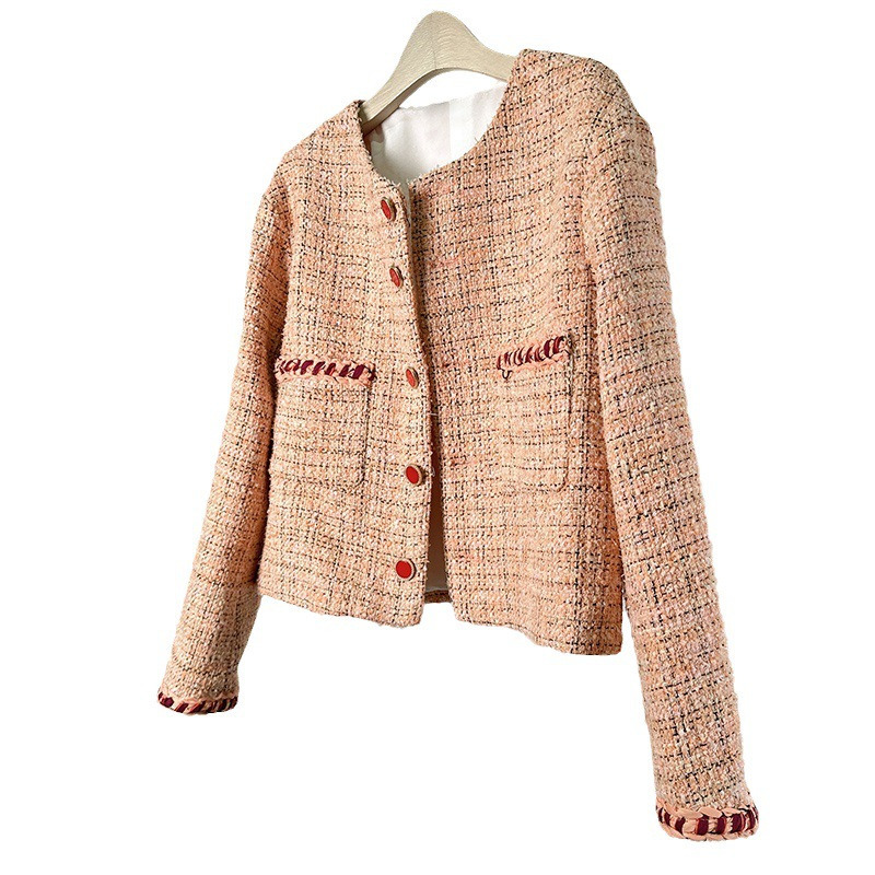 Autumn Winter Socialite Tweed Elegance Style Pink Women Single Breasted Round Neck with Pockets Short Coat