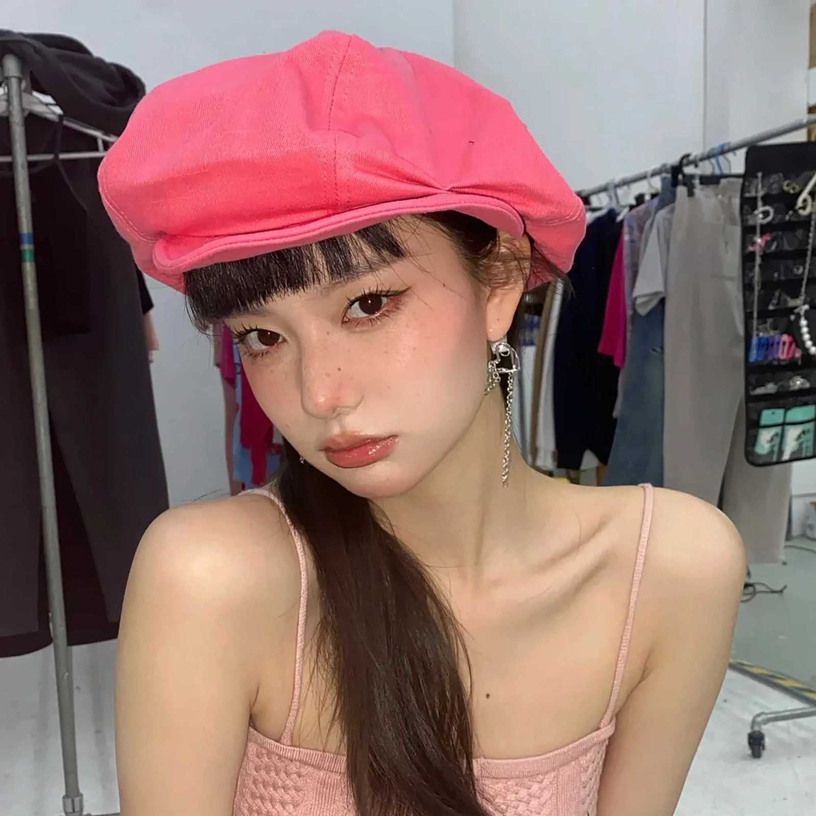Rose Red! 100% Cotton Oversized Womens Octagonal Hat Stylish Painter Newsboy Cap Painter Cloud She Beret Hats Boinas XJ250807