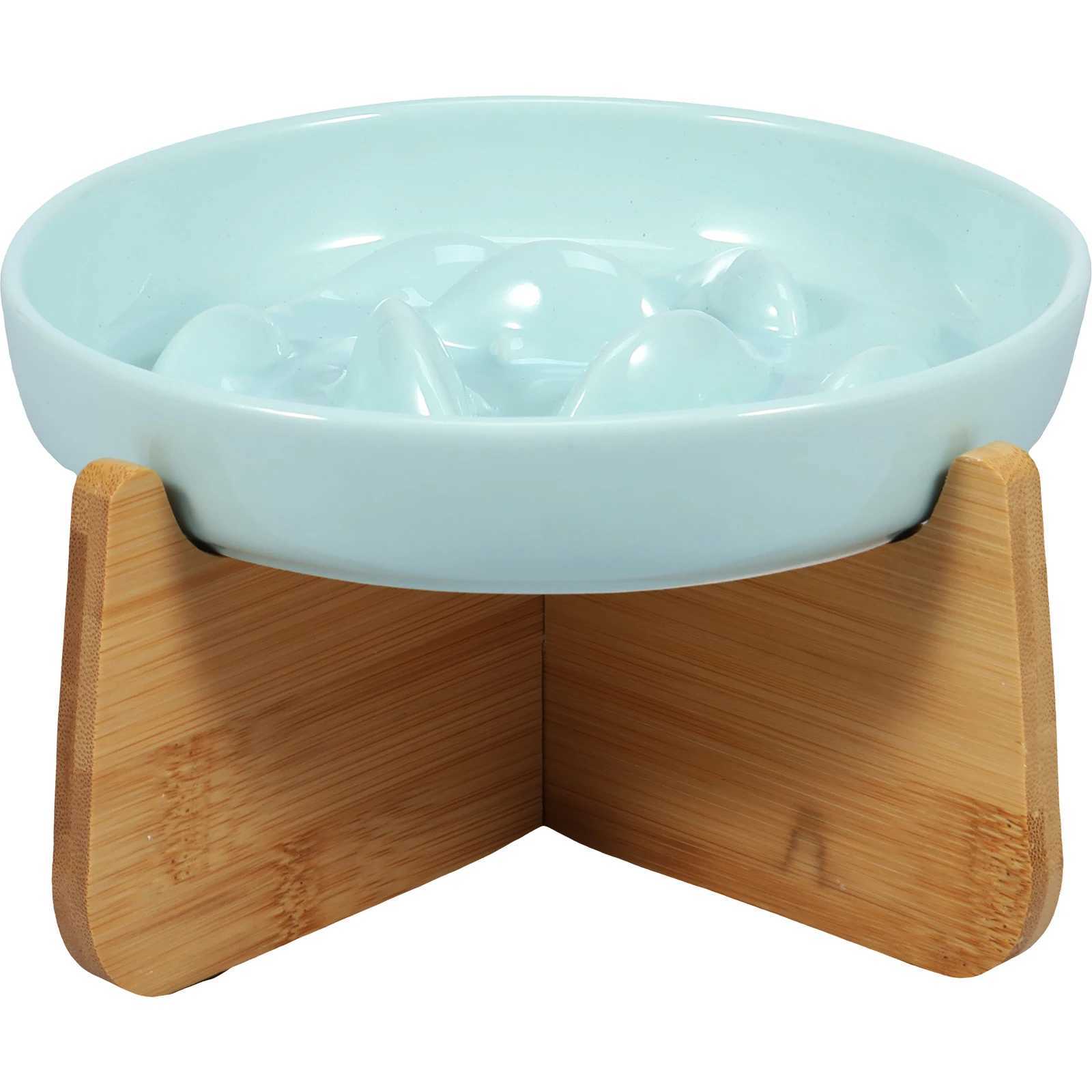 Slow Feeder Bowl with Wood Stand Ceramic Raised Cat Bowl for Neck Protection Anti-choking Slow Eating Pet Bowl Feeding Supplies Y250806