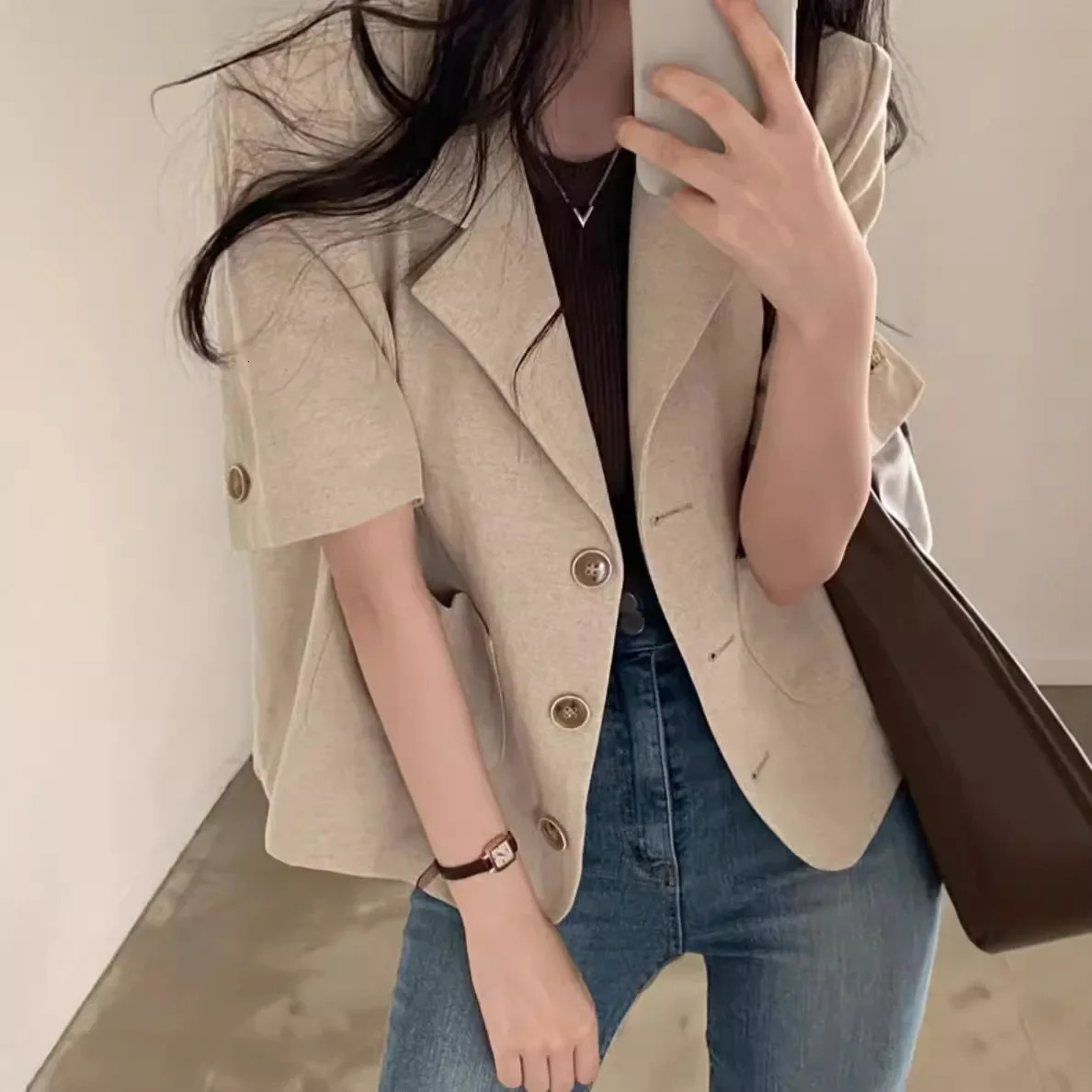 Korean Chic Summer Of The Season Vintage Collar ThreeButton Loose Casual Short Sleeve Linen Suit Jacket Womens Fashio 250807