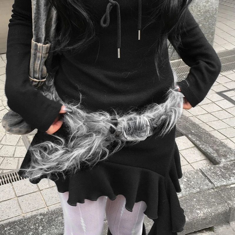 SUCHCUTE Vintage Faux Fur Patchwork Pu Leather Belt Punk Western Cowboy Accessories Y2K Womens Waistband Retro 2000s Decorative 250806