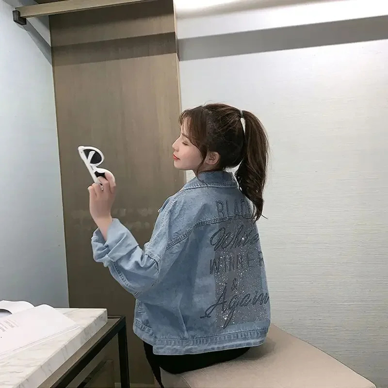 Sequin Female Jeans Coat Diamonds with Rhinestones Spring Autumn Small Short Graphic Outerwears Print Womens Denim Jackets Blue 250804