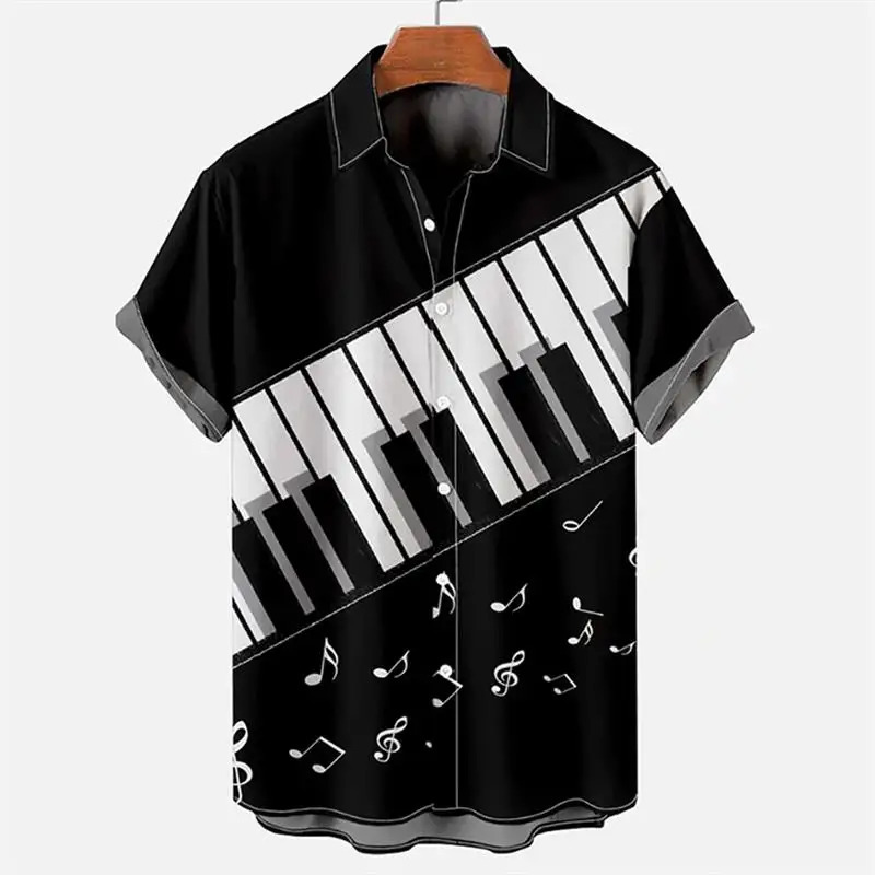 Summer Shirt For Men 2024 Hawaiian Shortsleeved T Shirts Musical Note Print Boys Girls Beach Travel Tops Casual Lapel Clothing 250807