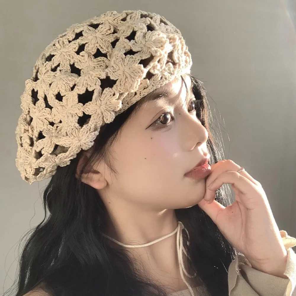 Breathable Hollowed Out Beret Hat Cotton Japanese Style Lace Hollow Flower Hat All-match Linen Spring Crochet Knitted C Party XJ250807