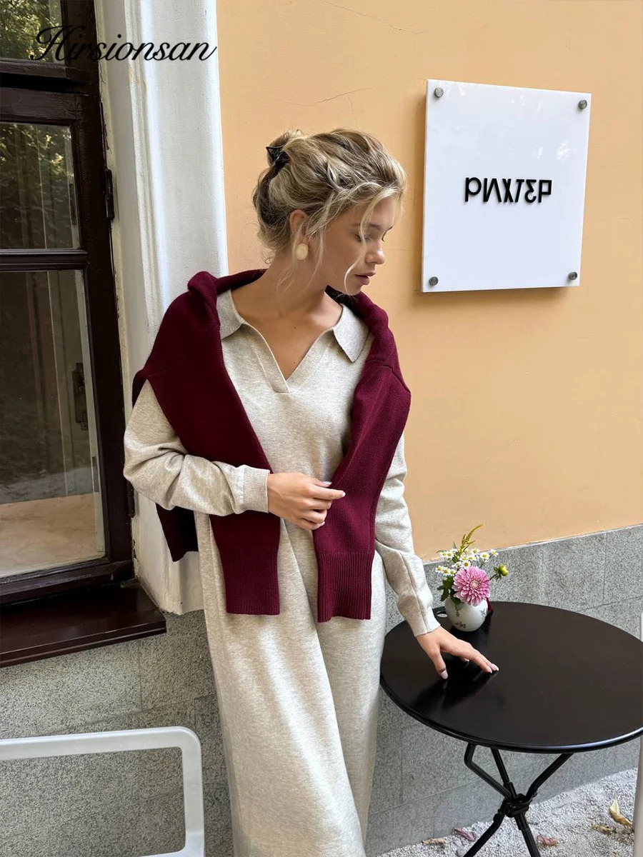 Hirsionsan Long Sleeve Autumn Winter Loose Polo Neck Sweater Dresses Women Soft Elegant Solid Knit Dress Female 2025 Clothes 250806