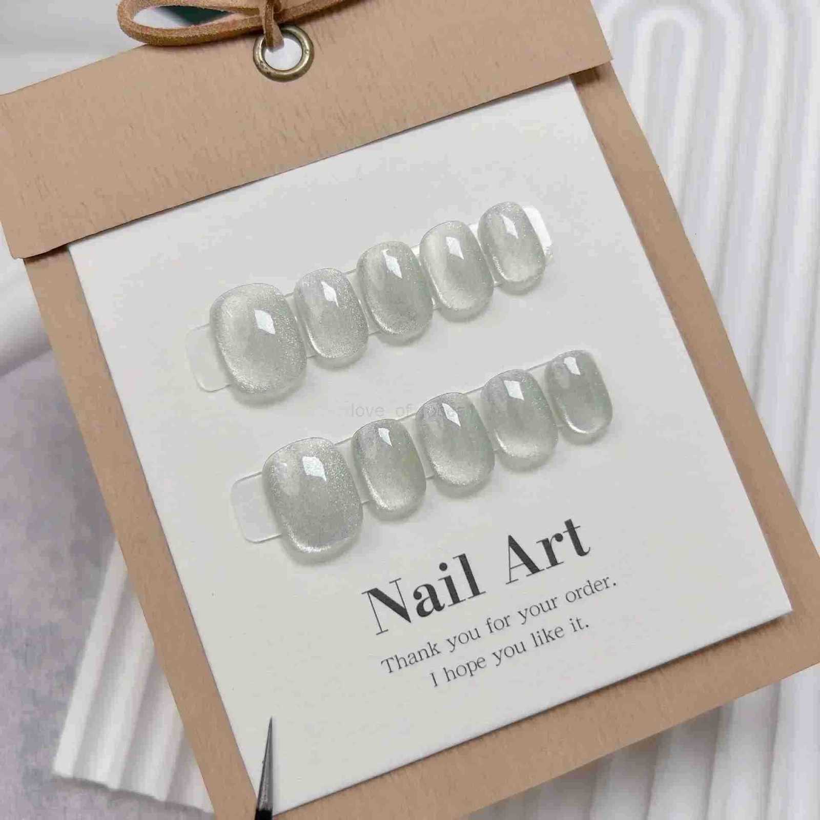 10pcs Short Handmade Light Green Press On Nails Cat Eyes Pure Ballerina Decoration Wearable False Nails Full Cover Nail Tips Art Z250807