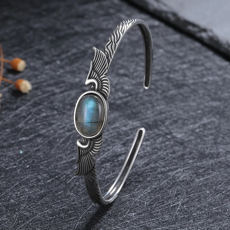 S925 Silver Bracelet Vintage Natural Labradorite Amethyst Adjustable Bangle for Women Fine Jewelry Valentine Day Gift 250730