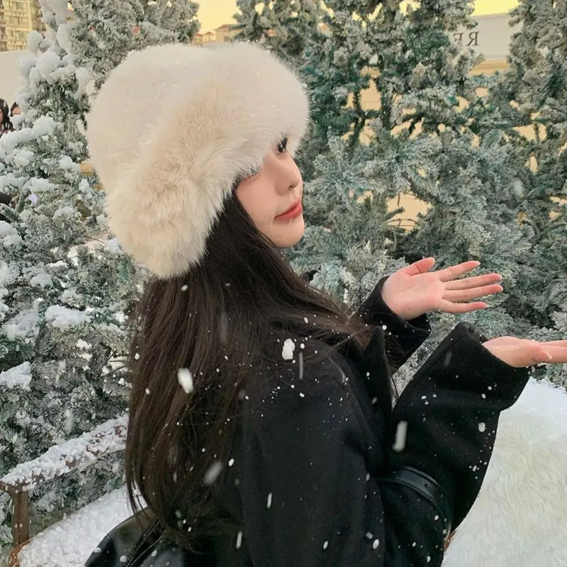 Y2K Fluffy Faux Fur Bucket Hat Women Rabbit Fur Warm Thick Plush Winter Hat Lady Fashion Furry Panama Fisherman Cap 250806