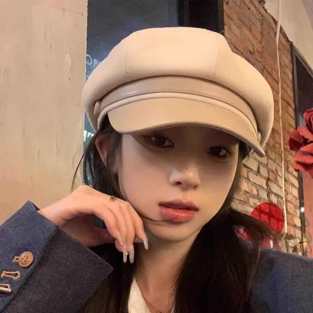 Womens Fashion PU Leather Beret Adjustable Octagonal Hat Big Head Circumference Retro Style Autumn Winter Accessories XJ250807