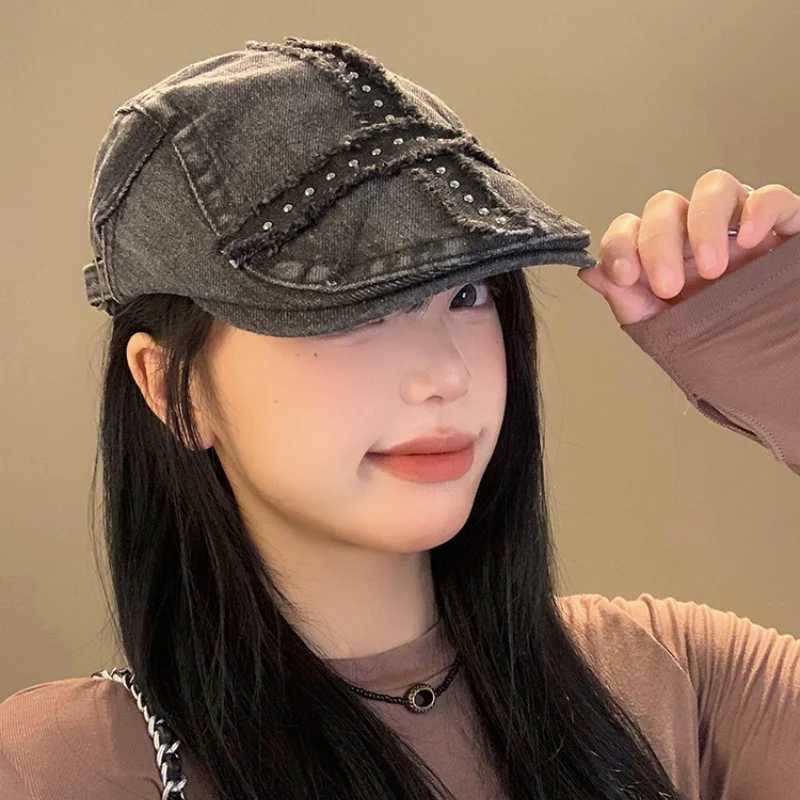 American Rivet Design Black Forward Hats for Women and Men Summer Casual Versatile Street Trend Retro Washed Denim Berets Y2k XJ250807