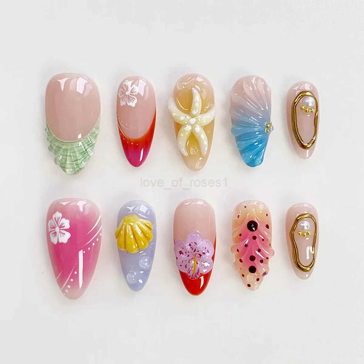 24pcs Wearable Almond False Nail Green Nails Tips with Flower Pearl Design Fake Nail Art Long Press on Nails Finished Manicure Z250807