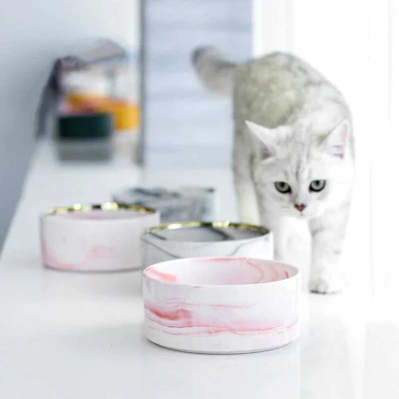 Pet Bowl Cat Bowl with Wooden Frame Cat Neck Protection Bowl Drinking Bowl Marble Double Bowl Pet Supplies Y250806