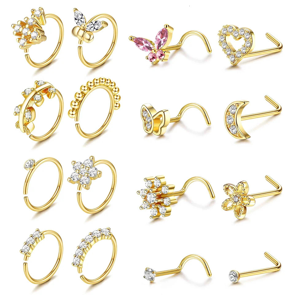 Drperfect Nose Rings Studs for Women Steel 20G Nose Hoop Corkscrew L Shaped Nose Stud Nose Ring Nose Piercing Jewelry 250805