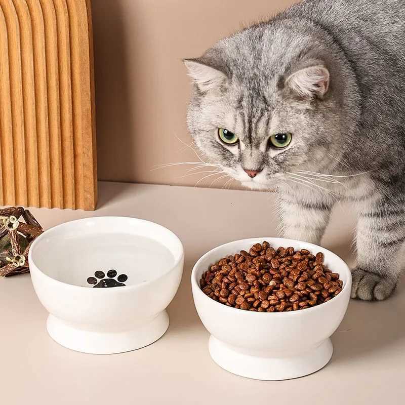 White Ceramic Pet Bowl with Claw Print Pattern Anti Slip Safety Drink Water and Eat Bowl for Dog Cat Pet Supplies Accessories Y250806