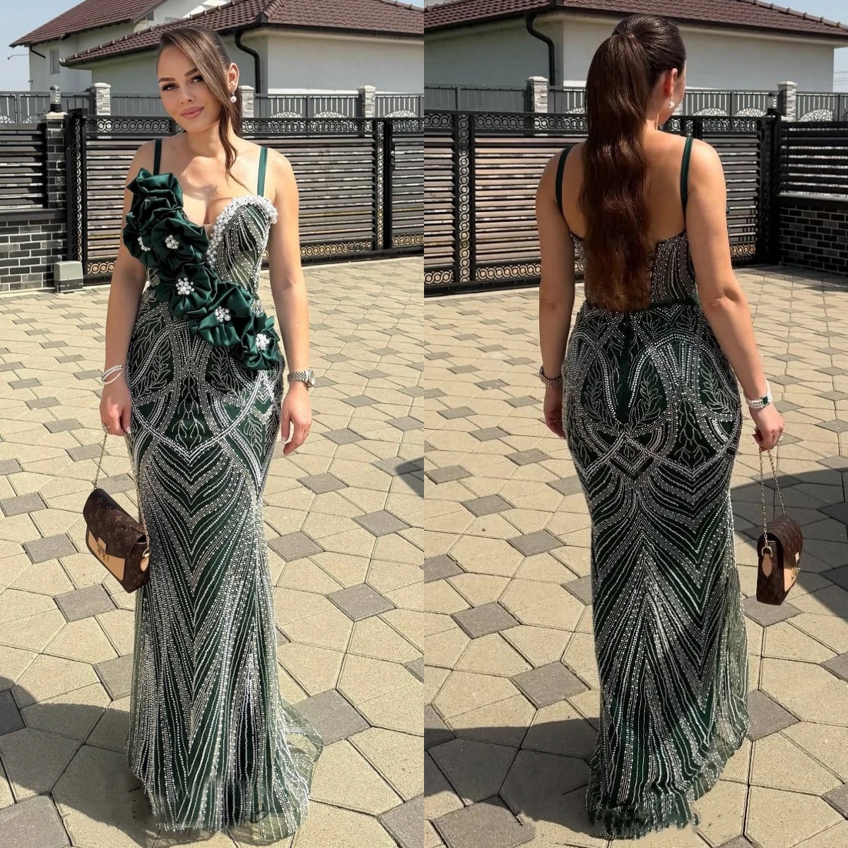 Fancy Pearls Evening Dresses Spaghetti Straps Prom Dress Ruffle Sequins Beading Sleeveless Lace Up Mermaid Party Gowns Vestidos De Noche Plus Size