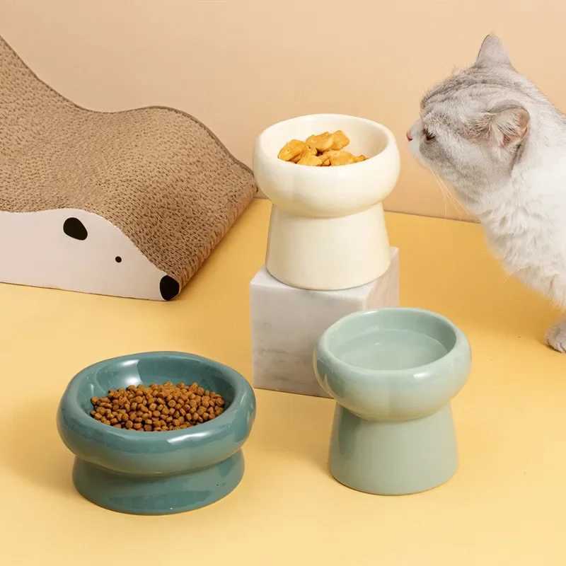 Cute Pet Bowl Cartoon Pet Feeder High-Foot Single Mouth Skidproof Ceramic Dog Cat Food Bowls Pets Drinking Feeding Container Y250806