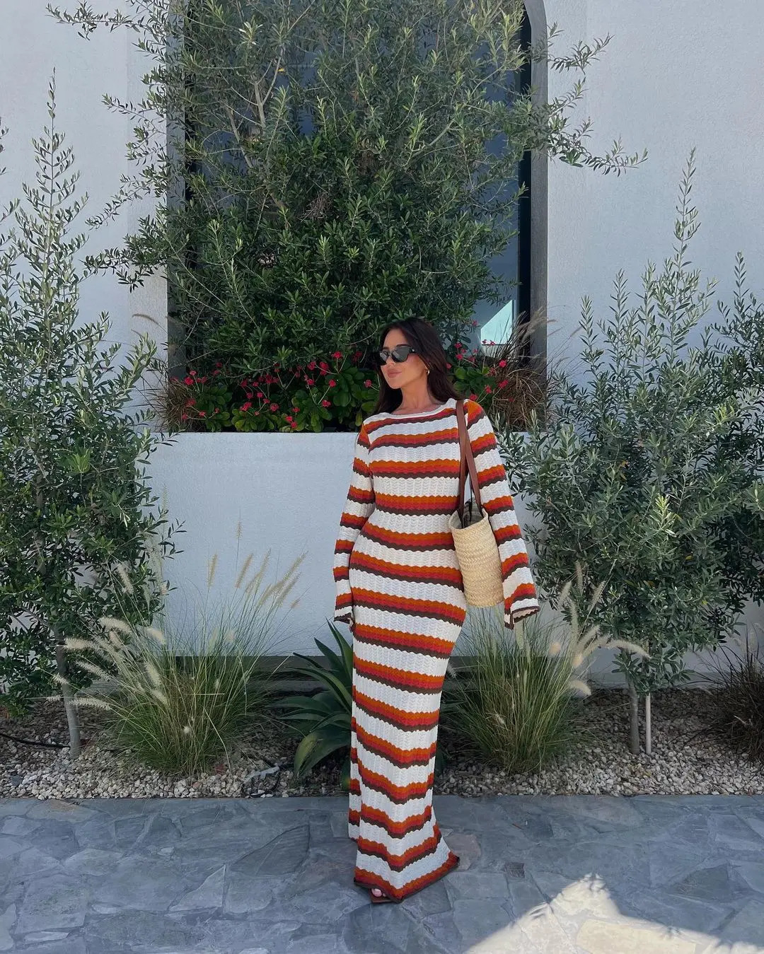 Elegant Fashion Striped Maxi Dress Sexy Long Sleeve Holidays Party Dress Summer Hollow Out Knitted Beach Dress for Women 250806