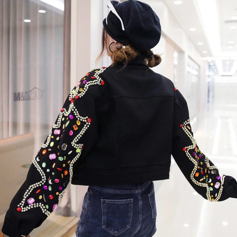 Diamonds Beaded Denim Jacket Rhinestones Sequins Jeans Coat Autumn Short Crystal Rivets Cardigan Chaqueta Streetwear Tops 250804