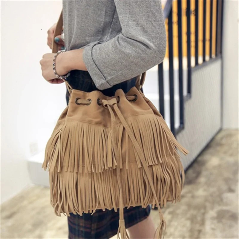 Fashion Retro Faux Suede Fringe Women Messenger Bags Tote Handbag Tassel Shoulder Handbags Crossbody Bag Tassel Bucket 250807