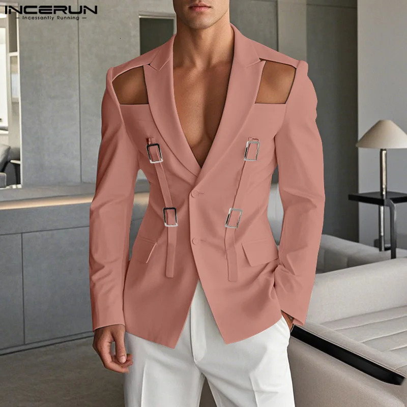 INCERUN Tops 2025 American Style Fashion Men Hollow Button n Suit Coat Casual Streetwear Solid Long Sleeved Lace Up Blazers 250807