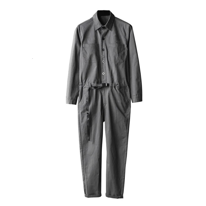 Men Gray Jumpsuits Long Sleeve Adjustable Waist Overalls Pockets Coveralls 250804