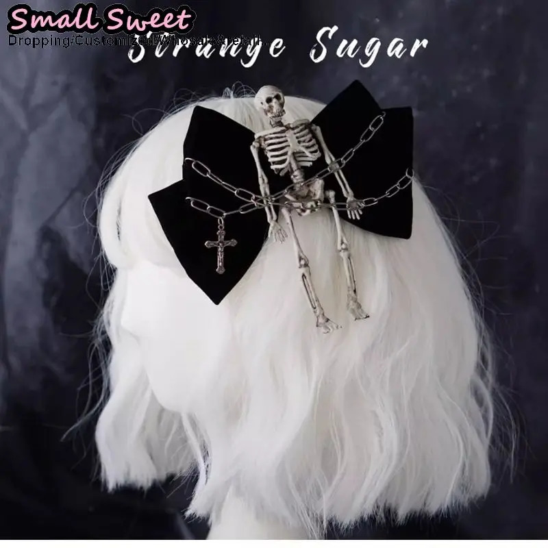 Subculture Halloween Women Gothic Lolita Punk Y2K Girl Harajuku Organza bow Skull chain Hair Accessories Hair Clips Hairpin clip 250730