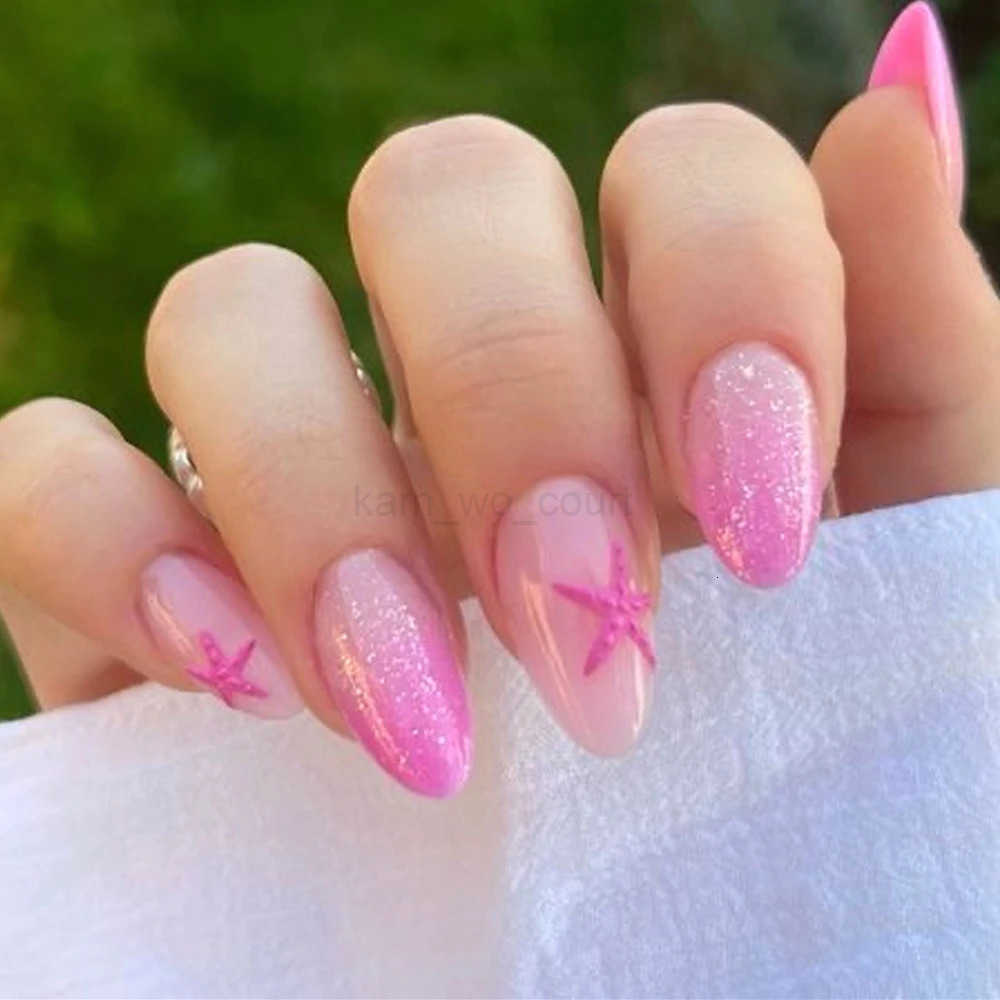 Blue White French 3D Flower Shell Nail Art Summer Beach Fashion Almond False Nails Detachable Finished Fake Nails Press on Nails M250807