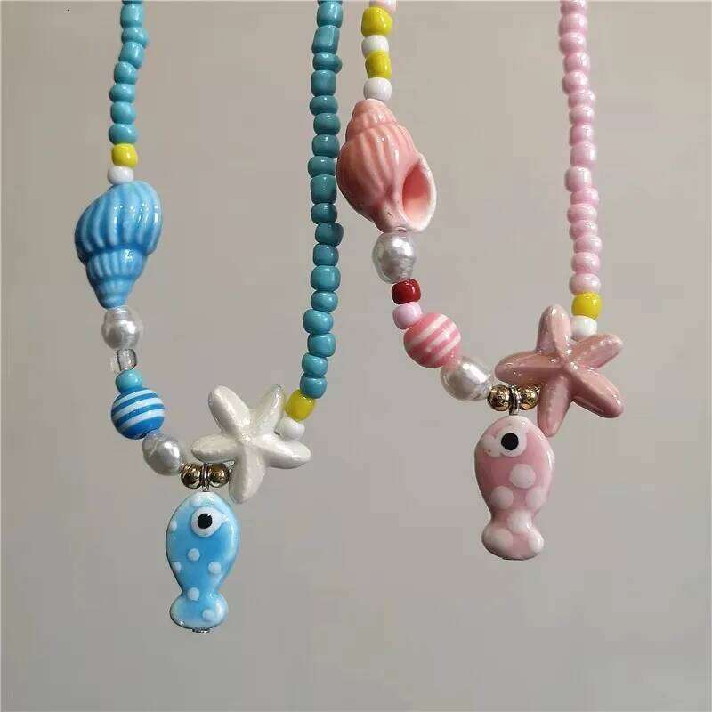 Bohemian Colorful Blue Pink Ceramic Fish Pendant Striped Beaded Summer Necklace For Women Seaside Vacation Party EMO Accessories
