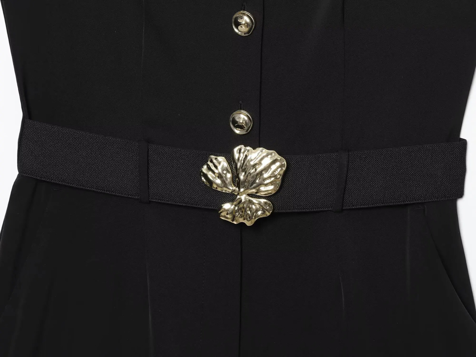 Womens Summer Black Round Neck Button Zipper High Street Sleeveless Jumpsuit Fashion Belt Decoration 250807