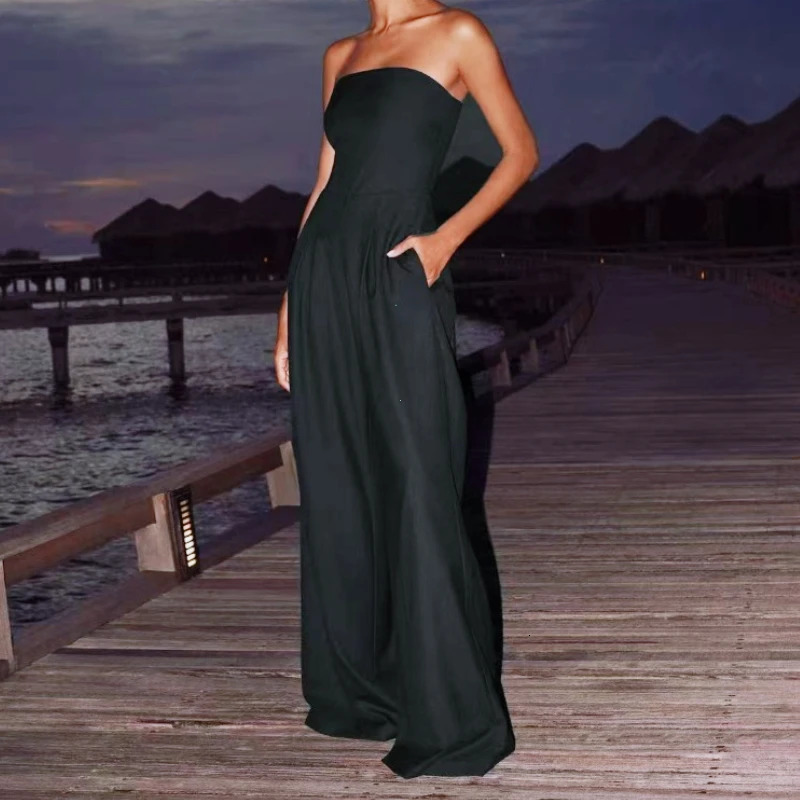 Solid Backless Jumpsuit Off Shoulder Waist Cinching Pockets Wide Leg Pants Lady Bodysuit Summer Female Outwears 250807