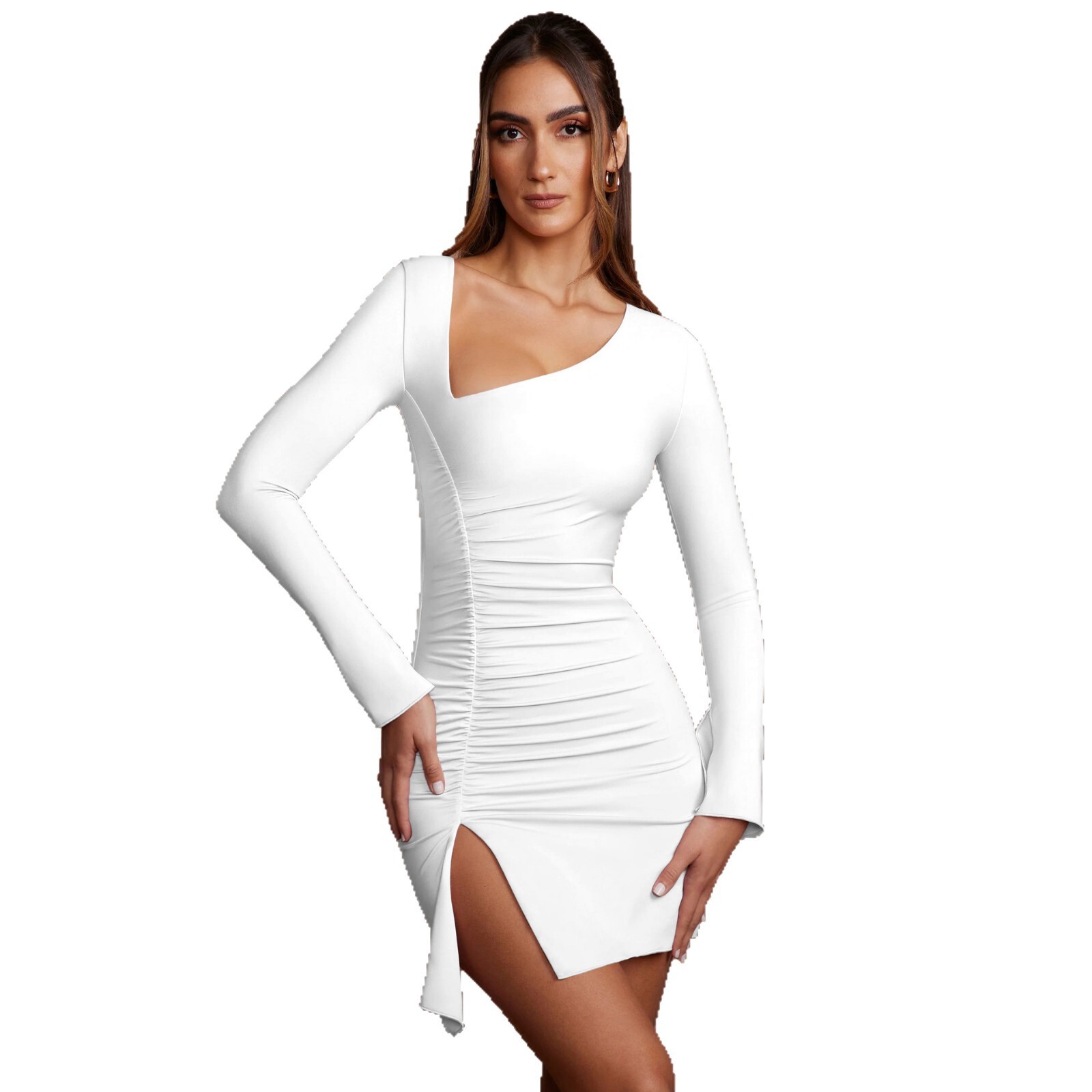 2025 Autumn Hot-Selling Women's Irregular Neckline Hem Slit Ruched Waist Long Sleeve Sexy Bodycon Dress
