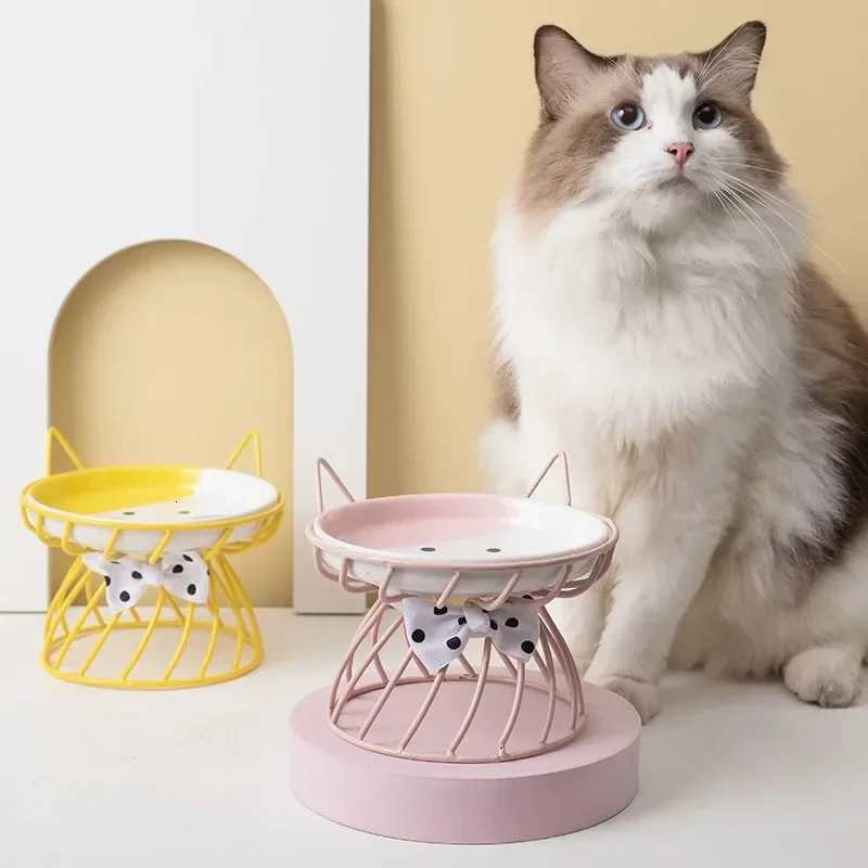 New Ceramic Pet Bowl Cat Food Feeding Double Dish Stainless Steel Raised Stand Kitten Dog Water Feeder Durable Pet Accessories Y250806