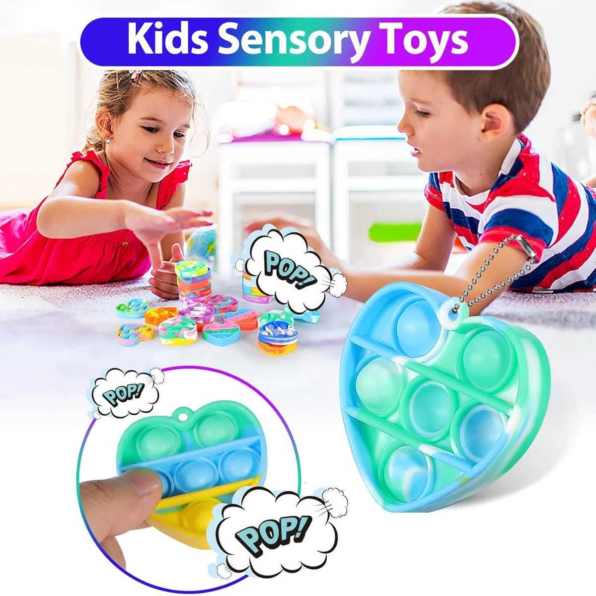 30pcs Pop Keychain It Fidget Toys Bracelet Heart Key Ring Rainbow Sensory Toys Set Bulk Pack Classroom Prizes Party Favors Z250807