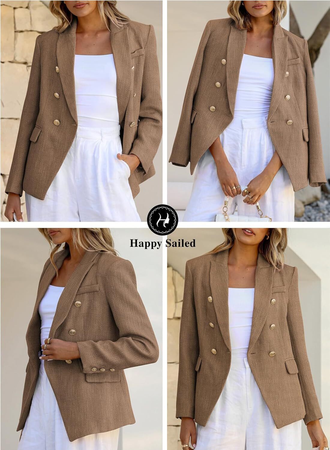 Womens Tweed Blazers Casual Long Sleeve Double Breasted Open Front Blazer Jackets Work Suits