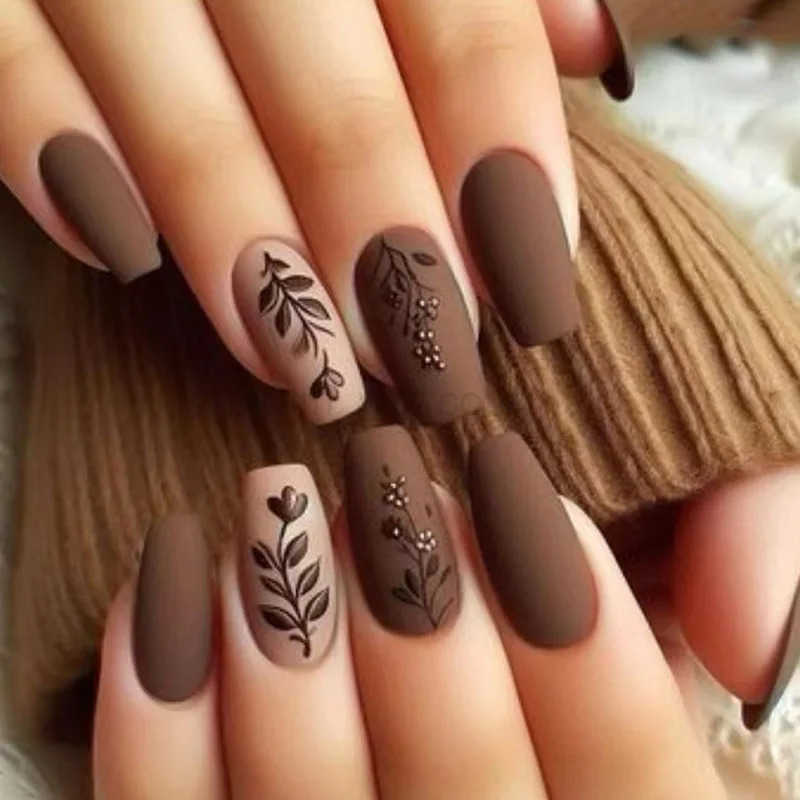 24pcs/set short medium fake nails beautiful flowers design fall winter square ballet acrylic tips press-on false nail art supply M250807