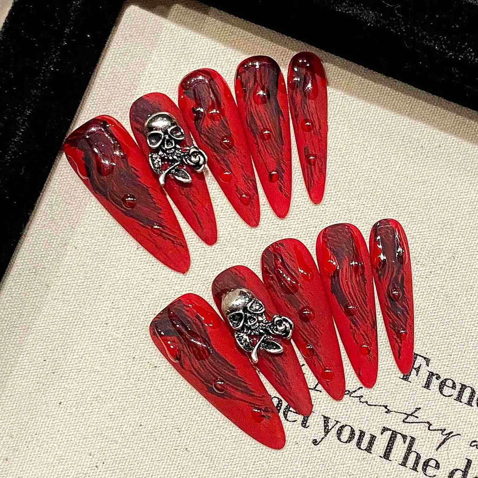 Handmade Press On Nails Red Long Stiletto False Nails With Metal Ghost Designs Full Cover Wearable Manicure For Halloween Z250807
