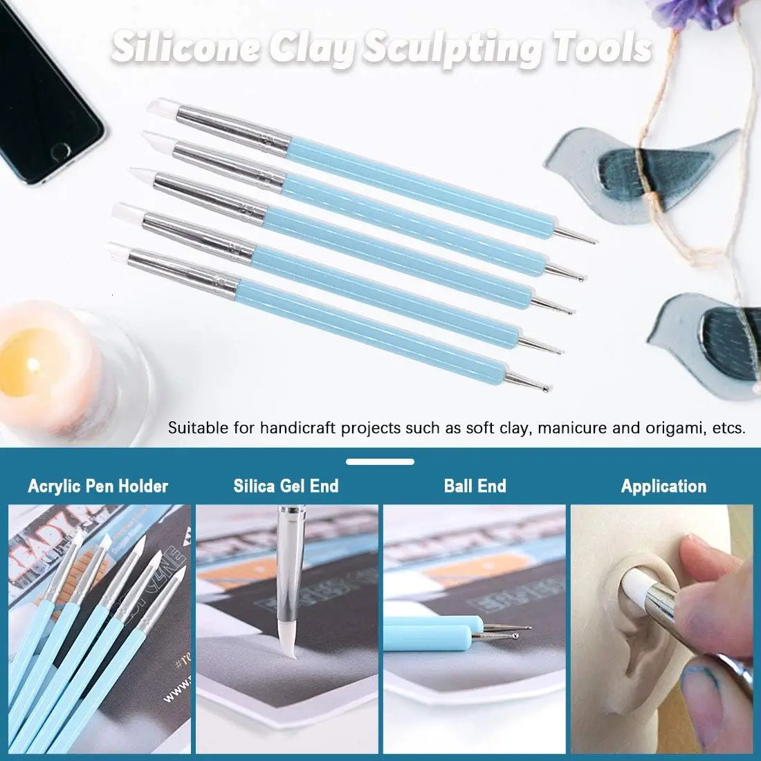 5Pcs Silicone Clay Sculpting Tool for Brush Modeling Dotting Nail Art Pottery Clay Tool DIY Carving Sculpting Tools Soft Head 250814