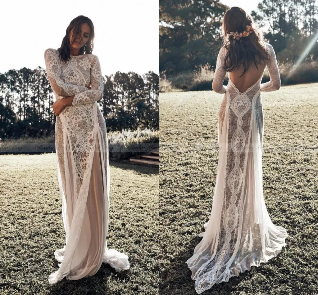 Vintage Lace Boho Beach Wedding Dresses Long Sleeve Applique Backless Country Style Bohemian Wedding Dress Bridal Gowns Hippie Gypsy vestido