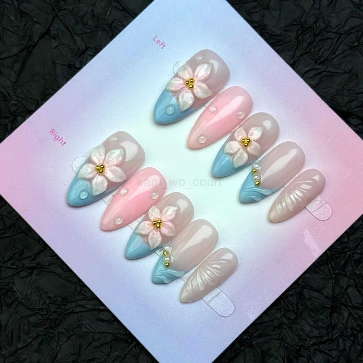 10pcs Blue French Style Handmade Press On Nails Sweet White Camellia Designs Summer Fake Nail Blush Pink Almond False Nails M250807