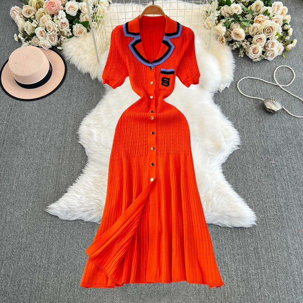YuooMuoo Women Dress Arrival Women Knitted Maxi Dress Elegant Notched Embroidery Long Shirt Dress Lady Sweater Vestidos 250806