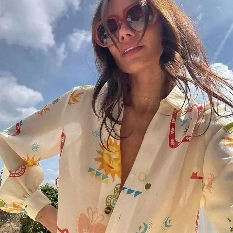 Women Fashion Elastic Waist Two Piece Sets Elegant Floral Print Lapel Long Sleeve Top Short Pants Suit Casual Holiday Outfits 250806