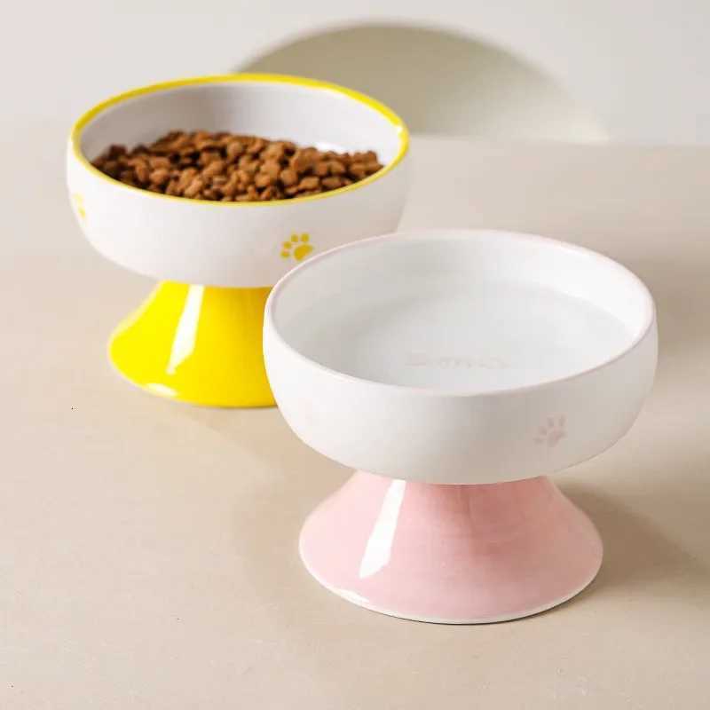 New Ceramic Cat Bowl Elevated Pet Food Water Bowls Raised Small Dogs Tilted Drinking Eating Feeders Puppy Cats Accessories Y250806