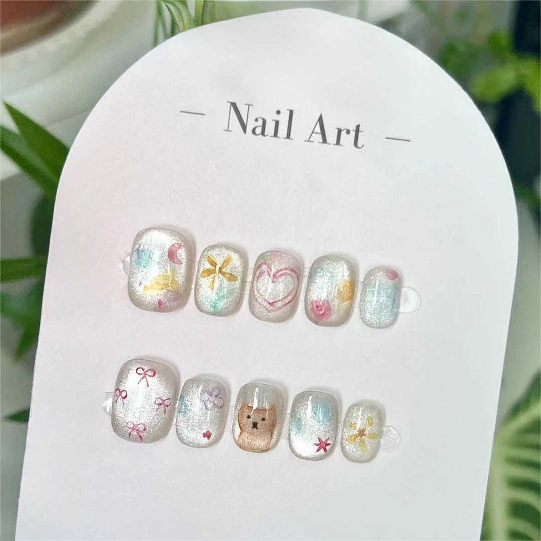 10pcs Short Round Handmade False Nails Cute Bowknot Heart Stars Sweet Fun Summer Fake Nails Colorful Glass Cat Eye Press-on Nails Z250807