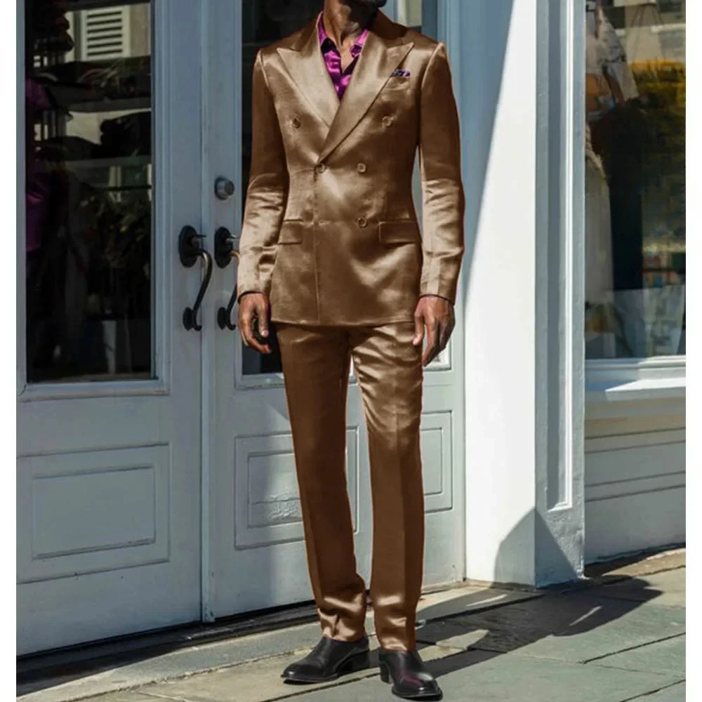 Fashionable Men Suits Satin 2 Piece Jacket Pants Sets High Quality Prom Party Blazer Double Breasted Lapel Male Clothing 250807
