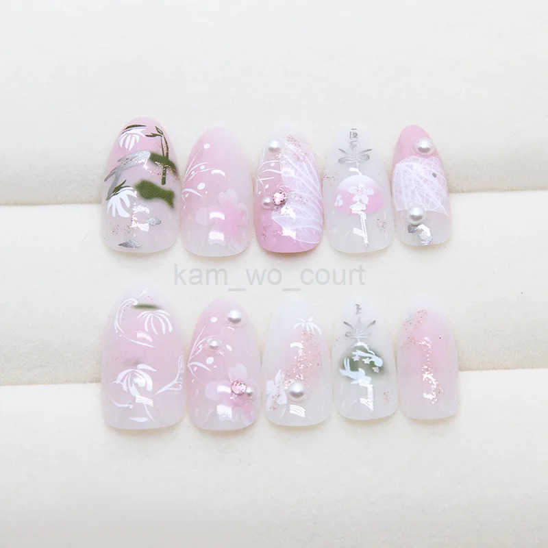 24pcs Sweet Almond Fake Nail Tips Hand-painted Flower Pearl Pattern Blush Pink Press-on Nails Gentle Ins Style False Nails M250807